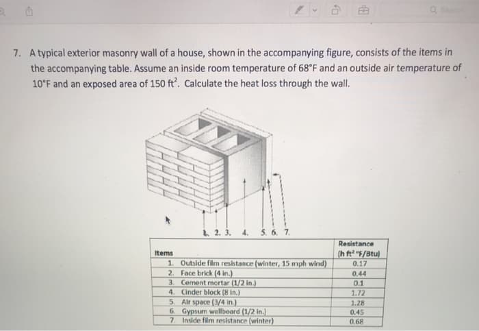7. A typical exterior masonry wall of a house, shown in the accompanying figure, consists of the items in
the accompanying table. Assume an inside room temperature of 68°F and an outside air temperature of
10°F and an exposed area of 150 ft'. Calculate the heat loss through the wall.
1. 2. 3. 4.
5. 6. 7.
Resistance
(h ft? "F/Btu)
Items
1. Outside film resistance (winter, 15 mph wind)
2. Face brick (4 in.)
3. Cement mortar (1/2 in.)
4. Cinder block (8 in.)
5. Air space (3/4 In.)
6. Gypsum wallboard (1/2 in.)
7. Inside film resistance (winter)
0.17
0.44
0.1
1.72
1.28
0.45
0.68
