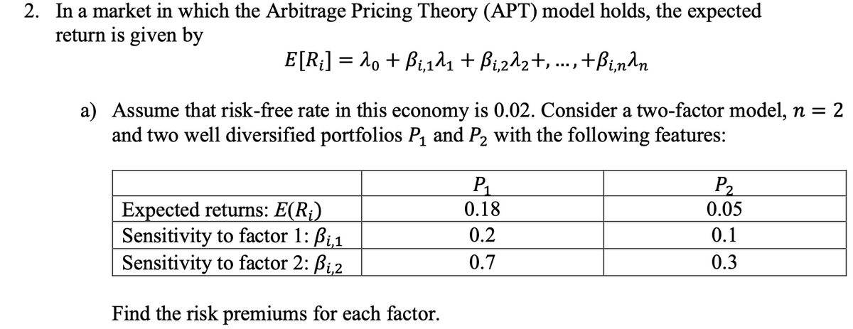 2. In a market in which the Arbitrage Pricing Theory (APT) model holds, the expected
return is given by
E[Ri] = λ0 + ẞi,1λ1 + Bi,2λ2+, ..., +ßi,nλn
a) Assume that risk-free rate in this economy is 0.02. Consider a two-factor model, n = 2
and two well diversified portfolios P₁ and P2 with the following features:
P₁
Expected returns: E(R₁)
0.18
P2
0.05
Sensitivity to factor 1: ẞi,1
0.2
0.1
Sensitivity to factor 2: ẞi,2
0.7
0.3
Find the risk premiums for each factor.