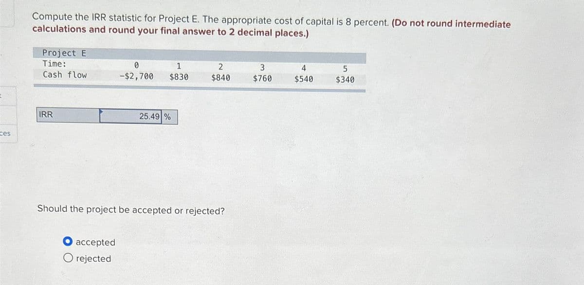 Compute the IRR statistic for Project E. The appropriate cost of capital is 8 percent. (Do not round intermediate
calculations and round your final answer to 2 decimal places.)
Project E
Time:
0
1
2
3
4
5
Cash flow
-$2,700
$830
$840
$760
$540
$340
IRR
ces
25.49 %
Should the project be accepted or rejected?
O accepted
O rejected