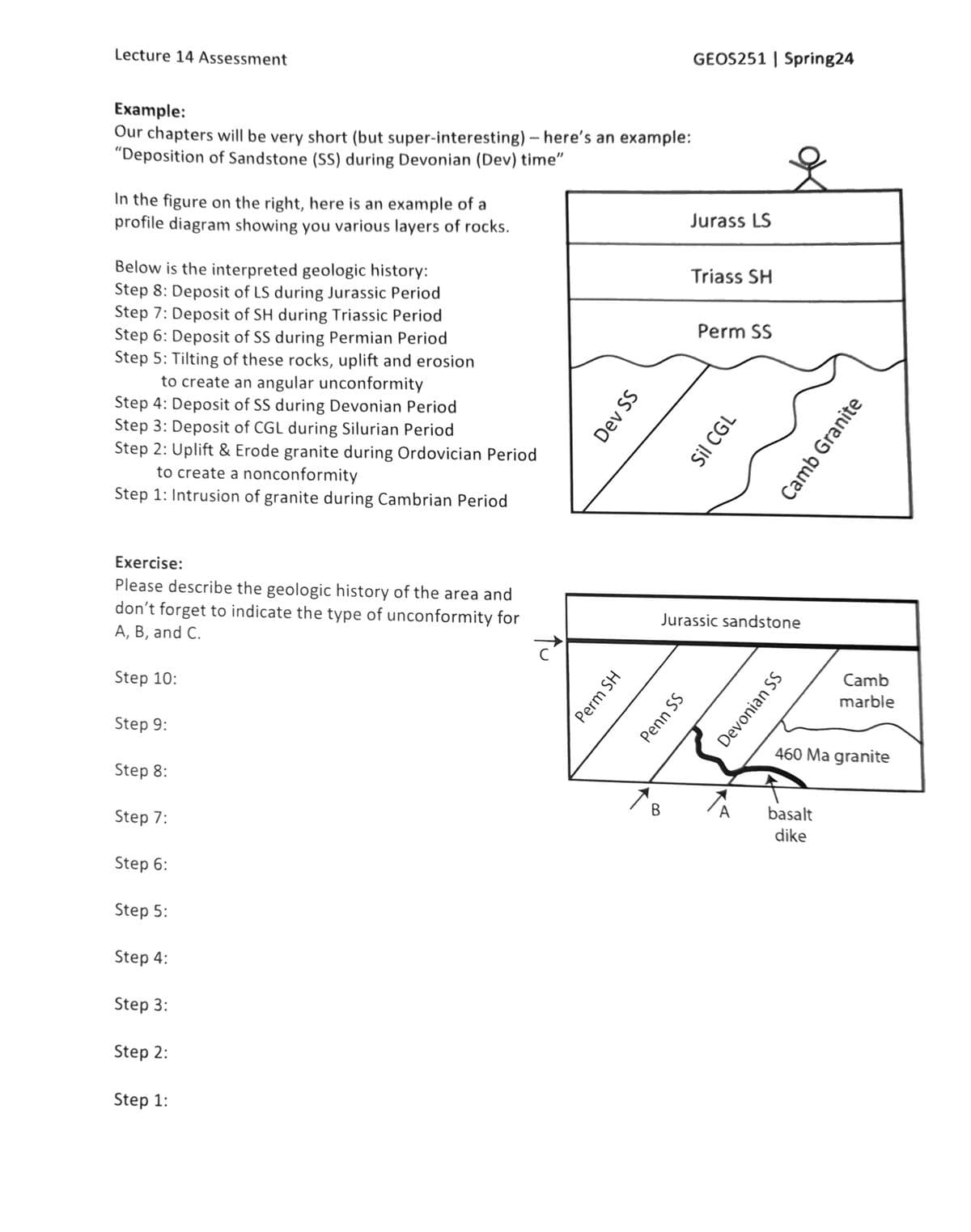 Lecture 14 Assessment
Example:
Our chapters will be very short (but super-interesting) - here's an example:
"Deposition of Sandstone (SS) during Devonian (Dev) time"
In the figure on the right, here is an example of a
profile diagram showing you various layers of rocks.
Below is the interpreted geologic history:
Step 8: Deposit of LS during Jurassic Period
Step 7: Deposit of SH during Triassic Period.
Step 6: Deposit of SS during Permian Period
Step 5: Tilting of these rocks, uplift and erosion
to create an angular unconformity
Step 4: Deposit of SS during Devonian Period
Step 3: Deposit of CGL during Silurian Period
Step 2: Uplift & Erode granite during Ordovician Period
to create a nonconformity
Step 1: Intrusion of granite during Cambrian Period
Exercise:
Please describe the geologic history of the area and
don't forget to indicate the type of unconformity for
A, B, and C.
Step 10:
Step 9:
Step 8:
Step 7:
Step 6:
Step 5:
Step 4:
Step 3:
Step 2:
Step 1:
tu
Perm SH
Dev SS
B
GEOS251 | Spring24
Penn SS
Jurass LS
Triass SH
Perm SS
Jurassic sandstone
Sil CGL
A
Devonian SS
Camb Granite
basalt
dike
Camb
marble
460 Ma granite