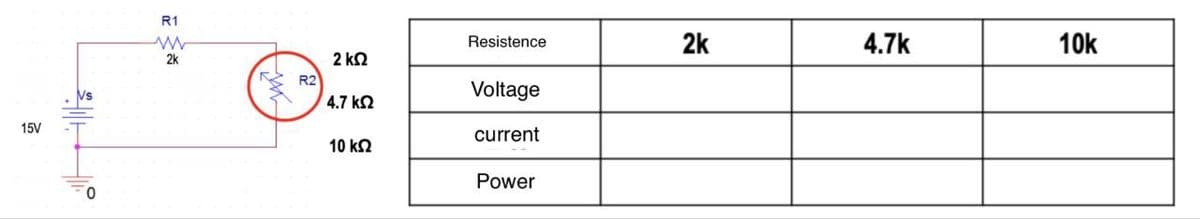 15V
Ο
R1
w
2k
Resistence
2k
4.7k
10k
2 ΚΩ
R2
Voltage
4.7 ΚΩ
current
10 ΚΩ
Power