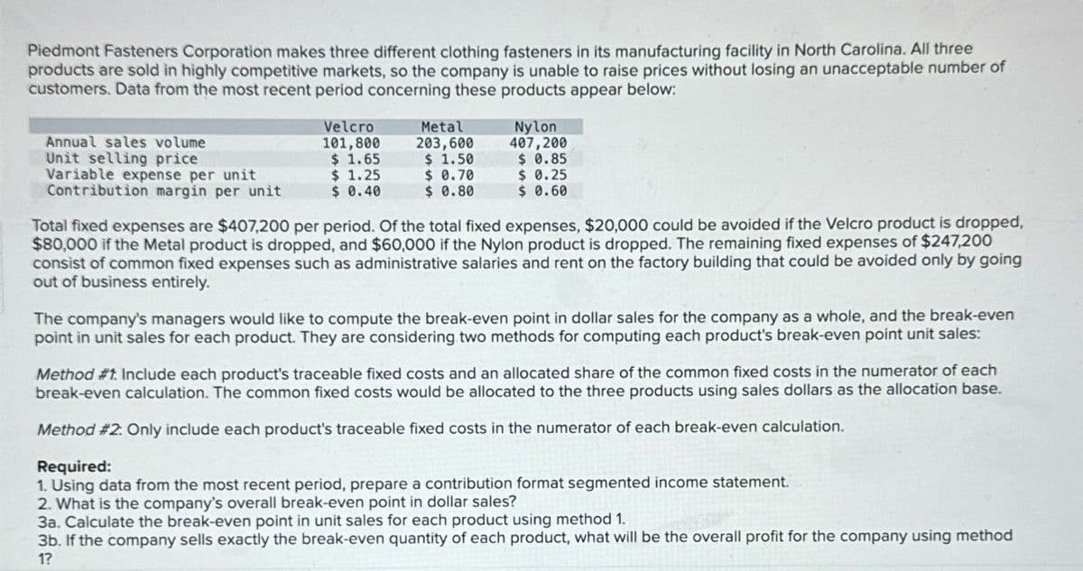 Piedmont Fasteners Corporation makes three different clothing fasteners in its manufacturing facility in North Carolina. All three
products are sold in highly competitive markets, so the company is unable to raise prices without losing an unacceptable number of
customers. Data from the most recent period concerning these products appear below:
Annual sales volume
Velcro
101,800
Metal
203,600
Nylon
407,200
Unit selling price
$ 1.65
$ 1.50
$ 0.85
Variable expense per unit
$ 1.25
$ 0.70
Contribution margin per unit
$ 0.40
$ 0.80
$ 0.25
$ 0.60
Total fixed expenses are $407,200 per period. Of the total fixed expenses, $20,000 could be avoided if the Velcro product is dropped,
$80,000 if the Metal product is dropped, and $60,000 if the Nylon product is dropped. The remaining fixed expenses of $247,200
consist of common fixed expenses such as administrative salaries and rent on the factory building that could be avoided only by going
out of business entirely.
The company's managers would like to compute the break-even point in dollar sales for the company as a whole, and the break-even
point in unit sales for each product. They are considering two methods for computing each product's break-even point unit sales:
Method #1. Include each product's traceable fixed costs and an allocated share of the common fixed costs in the numerator of each
break-even calculation. The common fixed costs would be allocated to the three products using sales dollars as the allocation base.
Method #2: Only include each product's traceable fixed costs in the numerator of each break-even calculation.
Required:
1. Using data from the most recent period, prepare a contribution format segmented income statement.
2. What is the company's overall break-even point in dollar sales?
3a. Calculate the break-even point in unit sales for each product using method 1.
3b. If the company sells exactly the break-even quantity of each product, what will be the overall profit for the company using method
1?