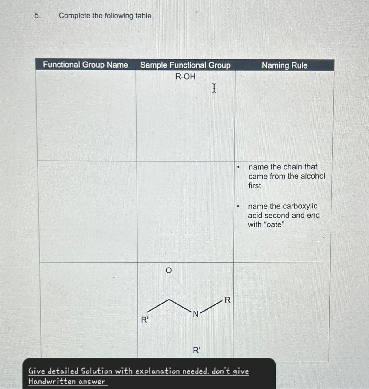 5.
Complete the following table.
Functional Group Name
Sample Functional Group
R-OH
Naming Rule
I
R❞
о
R'
R
name the chain that
came from the alcohol
first
name the carboxylic
acid second and end
with "oate"
Give detailed Solution with explanation needed, don't give
Handwritten answer