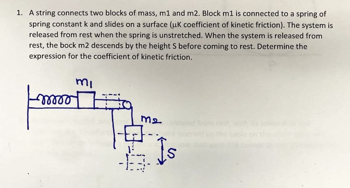 1. A string connects two blocks of mass, m1 and m2. Block m1 is connected to a spring of
spring constant k and slides on a surface (uk coefficient of kinetic friction). The system is
released from rest when the spring is unstretched. When the system is released from
rest, the bock m2 descends by the height S before coming to rest. Determine the
expression for the coefficient. of kinetic friction.
moo
mi
-I
m2
Is