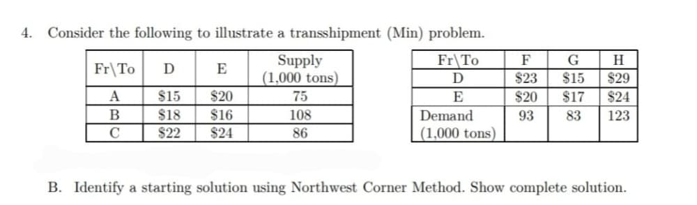 4.
Consider the following to illustrate a transshipment (Min) problem.
Supply
(1,000 tons)
Fr\To
F
G
H
Fr\To
D
E
D
$23
$15
$29
A
$15
$20
75
E
$20
$17
$24
B
$18
$16
108
Demand
93
83
123
C
$22
$24
86
(1,000 tons)
B. Identify a starting solution using Northwest Corner Method. Show complete solution.
