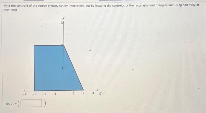 Find the centroid of the region shown, not by integration, but by locating the centroids of the rectangles and triangles and using additivity of
moments.
(x,y)
-3
3
-2
1