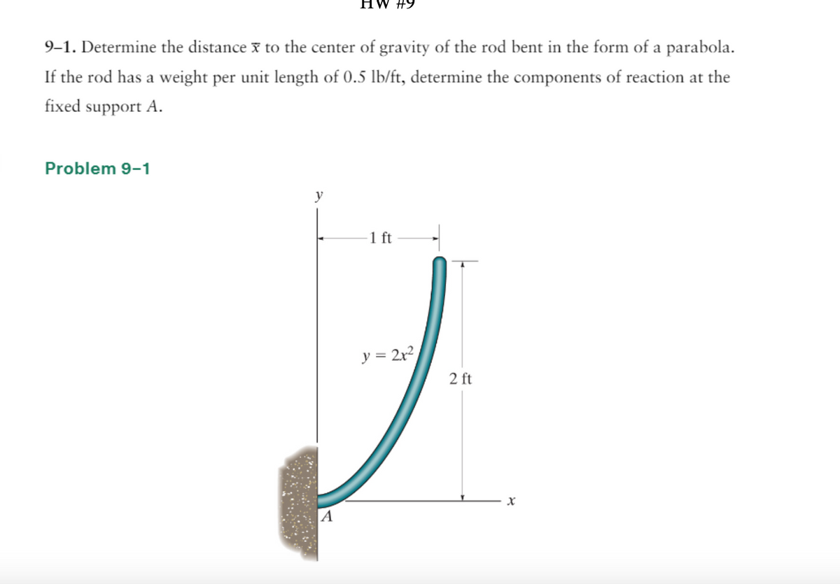 HW #9
9-1. Determine the distance to the center of gravity of the rod bent in the form of a parabola.
If the rod has a weight per unit length of 0.5 lb/ft, determine the components of reaction at the
fixed support A.
Problem 9-1
-1 ft
y = 2x²
2 ft
X