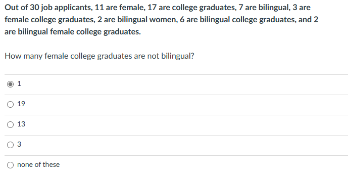 Out of 30 job applicants, 11 are female, 17 are college graduates, 7 are bilingual, 3 are
female college graduates, 2 are bilingual women, 6 are bilingual college graduates, and 2
are bilingual female college graduates.
How many female college graduates are not bilingual?
1
19
13
none of these