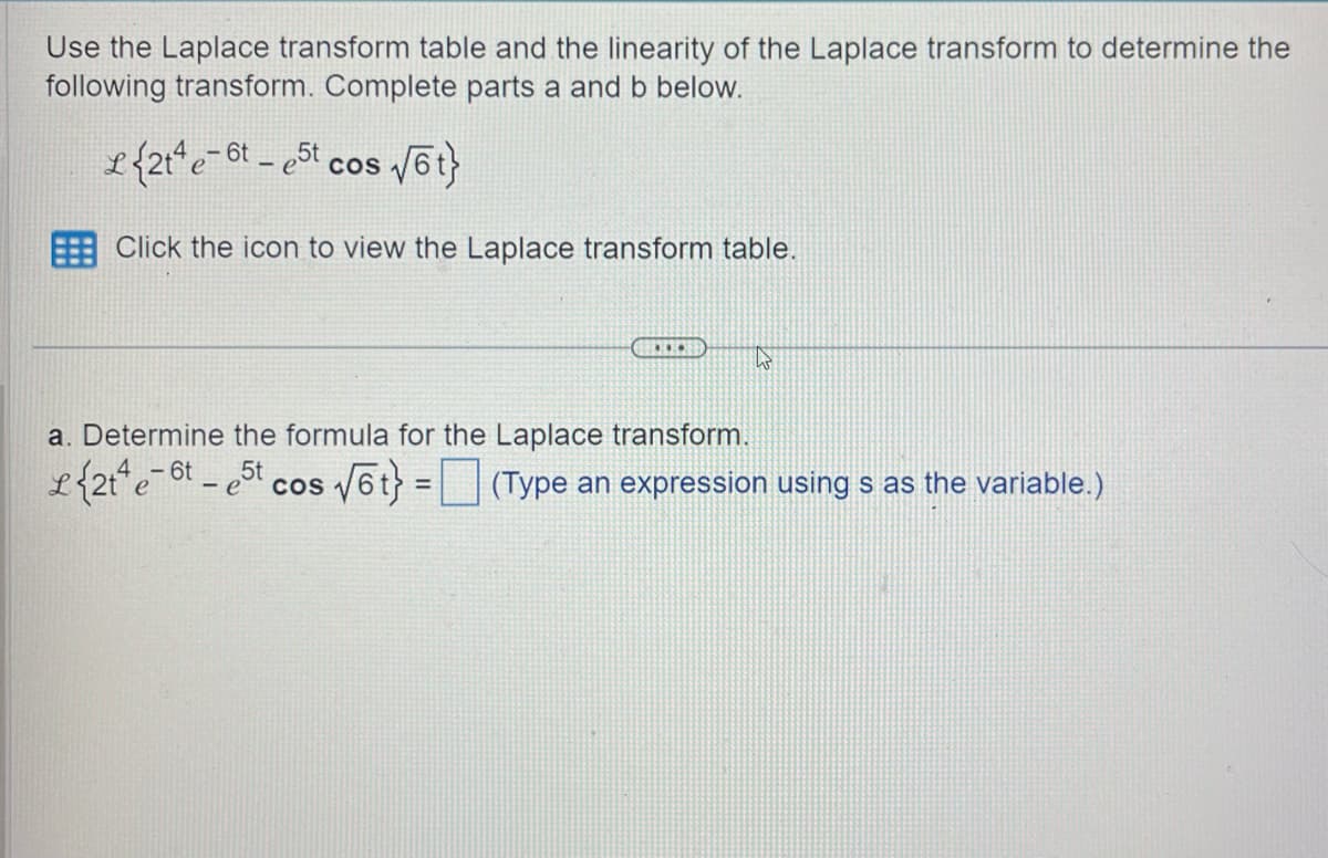 Use the Laplace transform table and the linearity of the Laplace transform to determine the
following transform. Complete parts a and b below.
£2e6t-et cos√6t}
COS
Click the icon to view the Laplace transform table.
ما
a. Determine the formula for the Laplace transform.
{2te 6t
5t
- e
COS
√6t} = (Type an expression using s as the variable.)