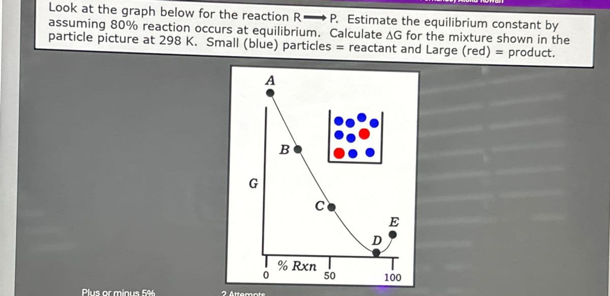 Look at the graph below for the reaction RP. Estimate the equilibrium constant by
assuming 80% reaction occurs at equilibrium. Calculate AG for the mixture shown in the
particle picture at 298 K. Small (blue) particles reactant and Large (red) = product.
=
A
B
G
C
E
D
% Rxn
T
50
100
Plus or minus 5%
2 Attempte