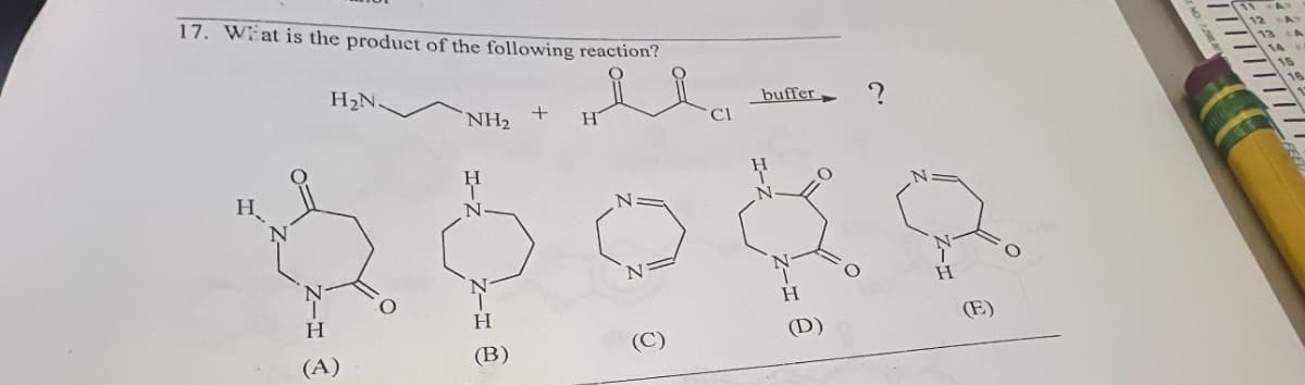 17. What is the product of the following reaction?
H
H₂N.
NH2
+
ཚིགས་
buffer
?
H
H
(E)
(A)
(B)
(C)
(D)
NO 72
/////////