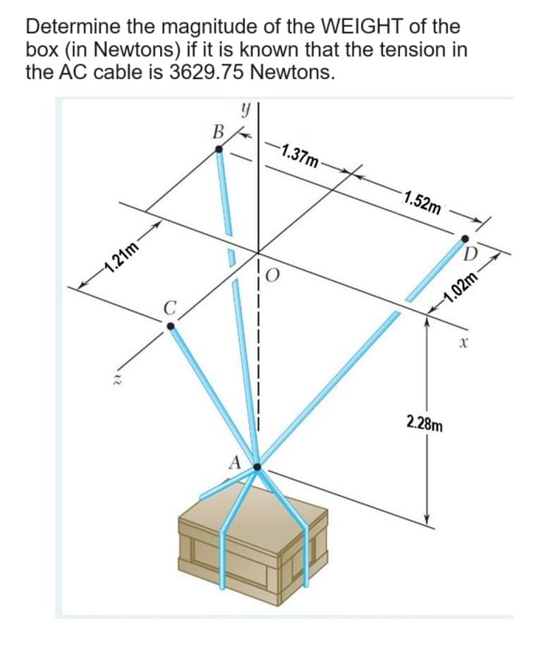 Determine the magnitude of the WEIGHT of the
box (in Newtons) if it is known that the tension in
the AC cable is 3629.75 Newtons.
B
y
-1.21m
-1.37m
1.52m
D
2.28m
1.02m-
X