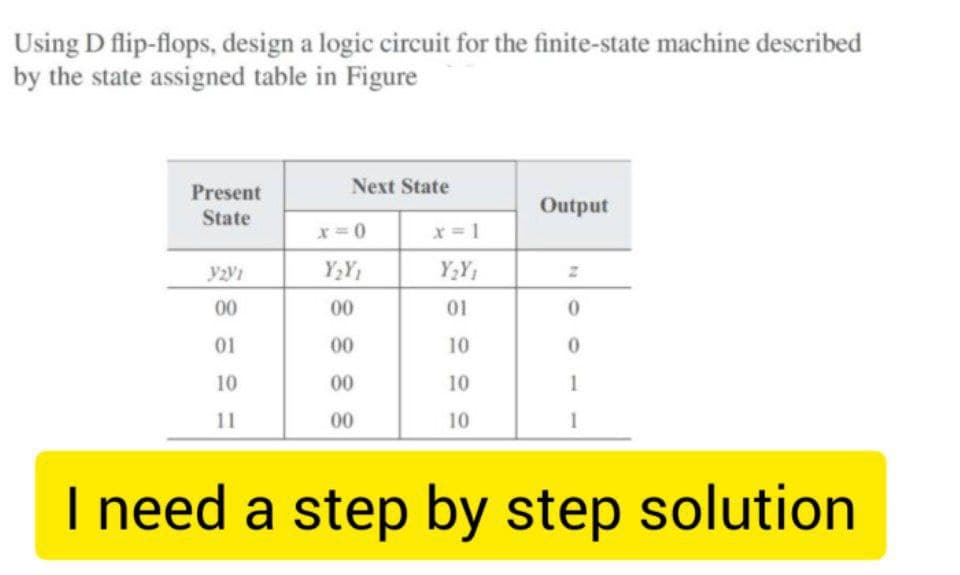 Using D flip-flops, design a logic circuit for the finite-state machine described
by the state assigned table in Figure
Present
Next State
State
Output
x=0
x=1
y2y1
Y2Y1
Y2Y1
Z
28
00
00
01
0
01
00
10
0
10
00
10
1
11
00
10
1
I need a step by step solution
