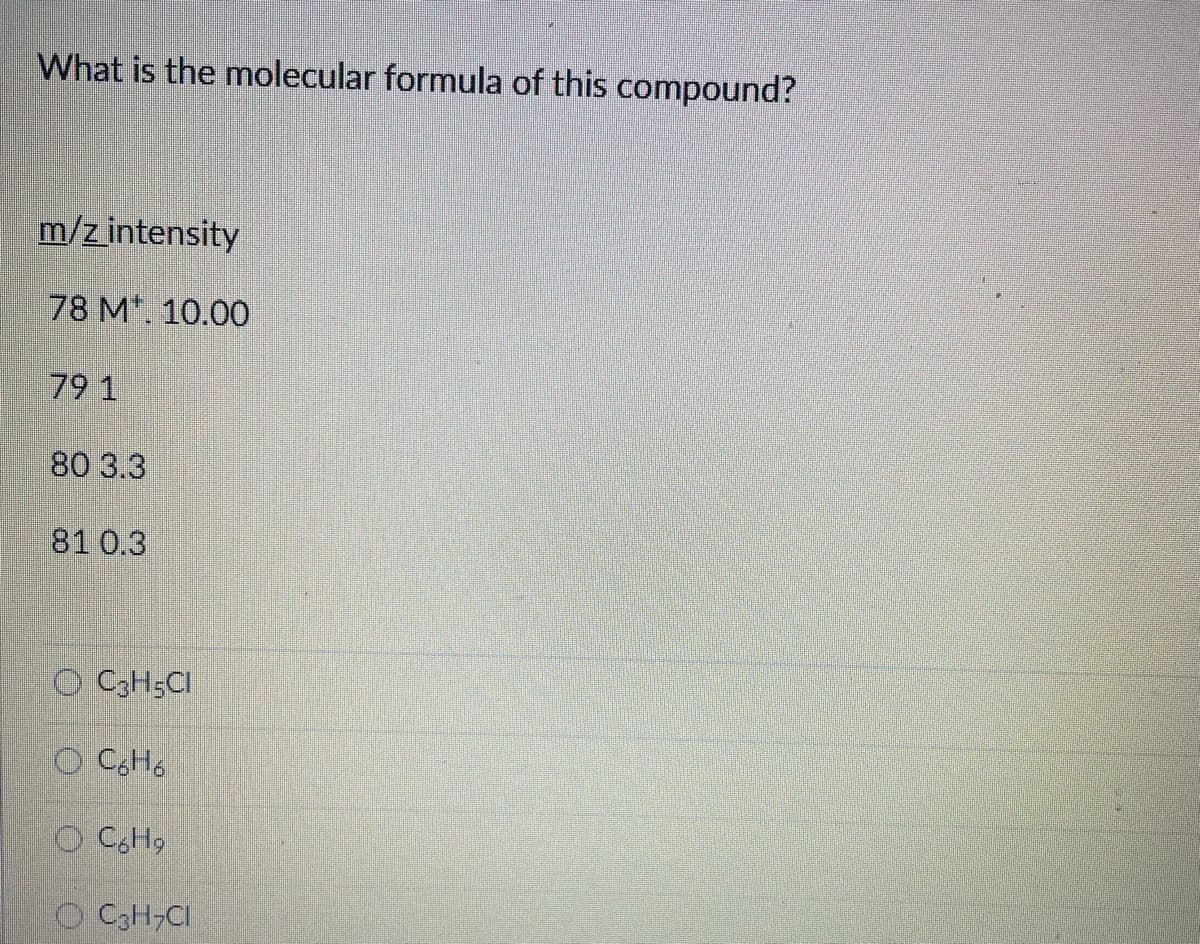 What is the molecular formula of this compound?
m/z intensity
78 M¹. 10.00
79 1
80 3.3
81 0.3
O C3H5CI
O C6H6
C6H₂
O C3H7CI