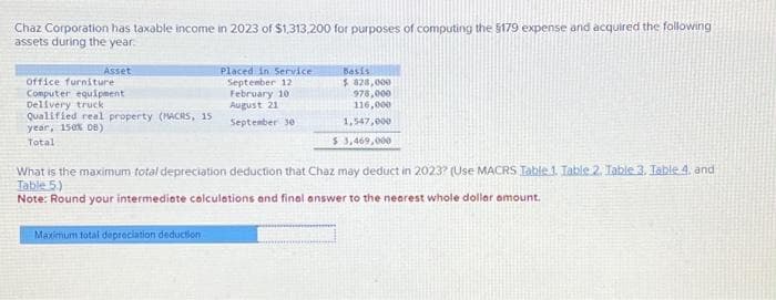 Chaz Corporation has taxable income in 2023 of $1,313,200 for purposes of computing the 5179 expense and acquired the following
assets during the year.
Asset
Office furniture
Computer equipment
Delivery truck
Qualified real property (MACRS, 15
year, 150% DB)
Total
February 101
August 21
Placed in Service
Basis
September 12
$828,000
978,000
116,000
September 30
1,547,000
$ 3,469,000
What is the maximum total depreciation deduction that Chaz may deduct in 2023? (Use MACRS Table 1. Table 2. Table 3. Table 4. and
Table 5.)
Note: Round your intermediate calculations and final answer to the nearest whole dollar amount.
Maximum total depreciation deduction