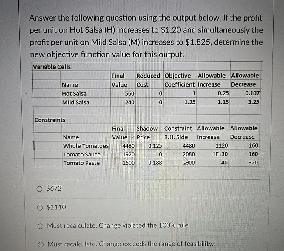 Answer the following question using the output below. If the profit
per unit on Hot Salsa (H) increases to $1.20 and simultaneously the
profit per unit on Mild Salsa (M) increases to $1.825, determine the
new objective function value for this output.
Variable Cells
Reduced Objective Allowable Allowable
Coefficient Increase Decrease
Name
Final
Value
Cost
Hot Salsa
560
0
1
Mild Salsa
240
0
1.25
0.25
0.107
1.15
3.25
Constraints
O $672
Final
Shadow
Constraint Allowable Allowable
Name
Value
Price
R.H. Side
Increase Decrease
Whole Tomatoes
4480
0.125
4480
1120
160
Tomato Sauce
1920
0
2080
1E+30
160
Tomato Paste
1600
0.188
00
40
320
O $1110
O Must recalculate. Change violated the 100% rule
O Must recalculate. Change exceeds the range of feasibility.