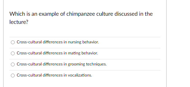 Which is an example of chimpanzee culture discussed in the
lecture?
Cross-cultural differences in nursing behavior.
Cross-cultural differences in mating behavior.
Cross-cultural differences in grooming techniques.
Cross-cultural differences in vocalizations.