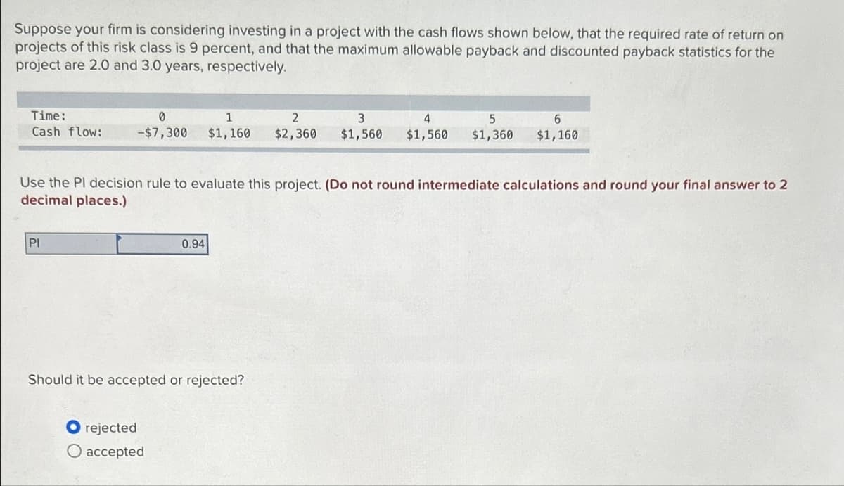 Suppose your firm is considering investing in a project with the cash flows shown below, that the required rate of return on
projects of this risk class is 9 percent, and that the maximum allowable payback and discounted payback statistics for the
project are 2.0 and 3.0 years, respectively.
Time:
0
1
2
3
4
5
6
Cash flow:
-$7,300 $1,160 $2,360 $1,560
$1,560
$1,360
$1,160
Use the Pl decision rule to evaluate this project. (Do not round intermediate calculations and round your final answer to 2
decimal places.)
PI
0.94
Should it be accepted or rejected?
O rejected
O accepted
