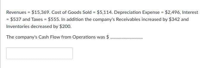 =
Revenues = $15,369. Cost of Goods Sold $5,114. Depreciation Expense = $2,496, Interest
= $537 and Taxes = $555. In addition the company's Receivables increased by $342 and
Inventories decreased by $200.
The company's Cash Flow from Operations was $