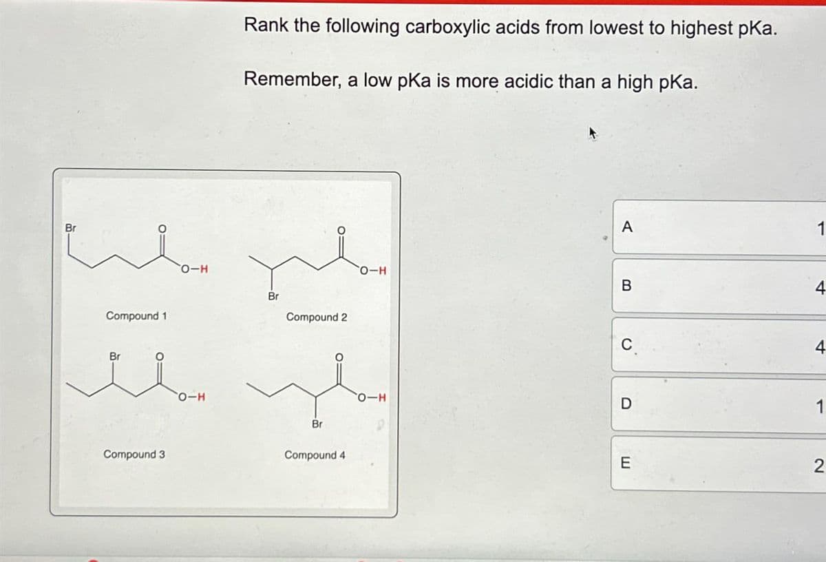 Br
O-H
Rank the following carboxylic acids from lowest to highest pka.
Remember, a low pKa is more acidic than a high pKa.
A
1
O-H
B
4
Compound 1
Br
Compound 2
་་་་་
Compound 3
0
D
4
1
Compound 4
E
2