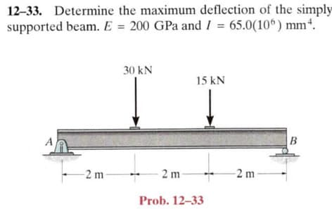 12-33. Determine the maximum deflection of the simply
supported beam. E = 200 GPa and I = 65.0(106) mm4.
-2 m-
30 kN
2 m
15 kN
Prob. 12-33
-2 m-
B