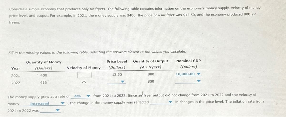 Consider a simple economy that produces only air fryers. The following table contains information on the economy's money supply, velocity of money,
price level, and output. For example, in 2021, the money supply was $400, the price of a air fryer was $12.50, and the economy produced 800 air
fryers.
Fill in the missing values in the following table, selecting the answers closest to the values you calculate.
Quantity of Money
Price Level
Year
(Dollars)
Velocity of Money
(Dollars)
2021
400
12.50
2022
416
25
Quantity of Output
(Air fryers)
800
800
Nominal GDP
(Dollars)
10,000.00
from 2021 to 2022. Since air fryer output did not change from 2021 to 2022 and the velocity of
the change in the money supply was reflected
in changes in the price level. The inflation rate from
The money supply grew at a rate of 4%
money
increased
2021 to 2022 was