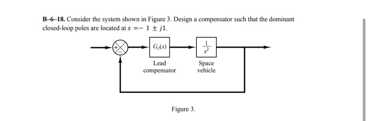 B-6-18. Consider the system shown in Figure 3. Design a compensator such that the dominant
closed-loop poles are located at s = 1 + j1.
Ge(s)
Lead
compensator
Space
vehicle
Figure 3.