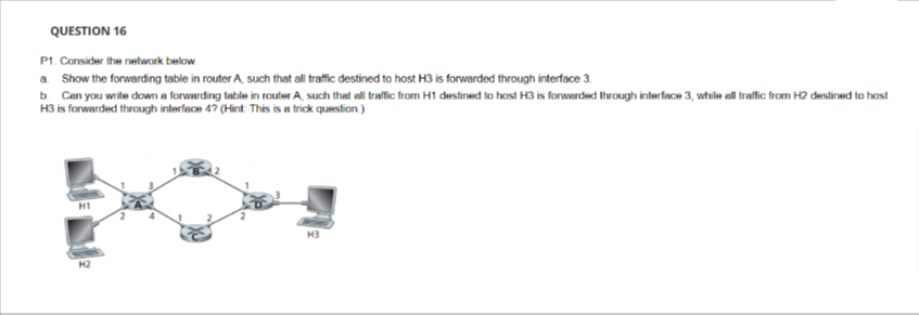 QUESTION 16
P1. Consider the network below.
a. Show the forwarding table in router A, such that all traffic destined to host H3 is forwarded through interface 3.
b. Can you write down a forwarding table in router A, such that all traffic from H1 destined to host H3 is forwarded through interface 3, while all traffic from H2 destined to host
H3 is forwarded through interface 4? (Hint: This is a trick question)
H1