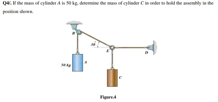 Q4/. If the mass of cylinder A is 50 kg, determine the mass of cylinder C in order to hold the assembly in the
position shown.
B
30
E
D
50 kg
Figure.4
