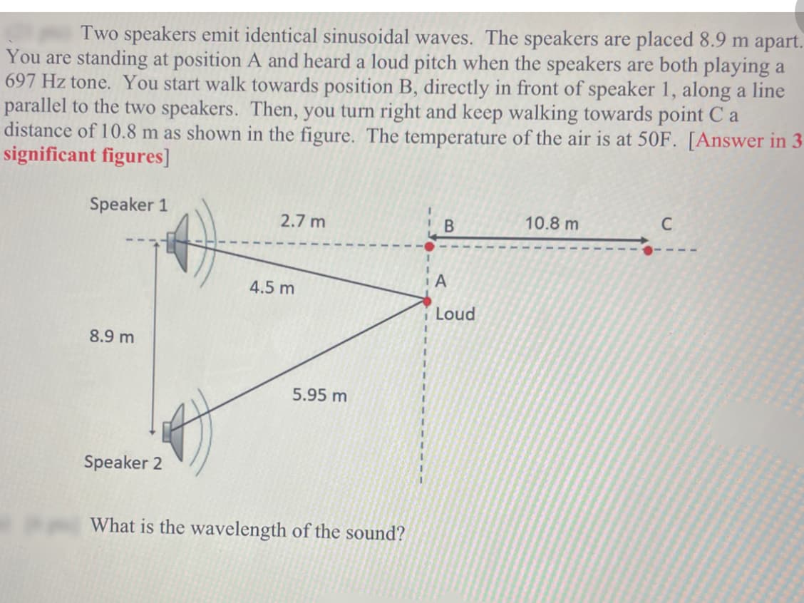 Two speakers emit identical sinusoidal waves. The speakers are placed 8.9 m apart.
You are standing at position A and heard a loud pitch when the speakers are both playing a
697 Hz tone. You start walk towards position B, directly in front of speaker 1, along a line
parallel to the two speakers. Then, you turn right and keep walking towards point C a
distance of 10.8 m as shown in the figure. The temperature of the air is at 50F. [Answer in 3
significant figures]
Speaker 1
2.7 m
B
10.8 m
C
8.9 m
Speaker 2
A
4.5 m
Loud
5.95 m
What is the wavelength of the sound?