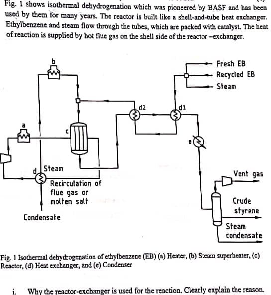 Fig. 1 shows isothermal dehydrogenation which was pioneered by BASF and has been
used by them for many years. The reactor is built like a shell-and-tube heat exchanger.
Ethylbenzene and steam flow through the tubes, which are packed with catalyst. The heat
of reaction is supplied by hot flue gas on the shell side of the reactor -exchanger.
Fresh EB
Recycled EB
Steam
d2
Steam
Vent gas
Recirculation of
flue gas or
molten salt
Crude
styrene
Condensate
Steam
condensate
Fig. 1 Isothermal dehydrogenation of ethylbenzene (EB) (a) Heater, (b) Steam superheater, (c)
Reactor, (d) Heat exchanger, and (e) Condenser
i. Why the reactor-exchanger is used for the reaction. Clearly explain the reason.
