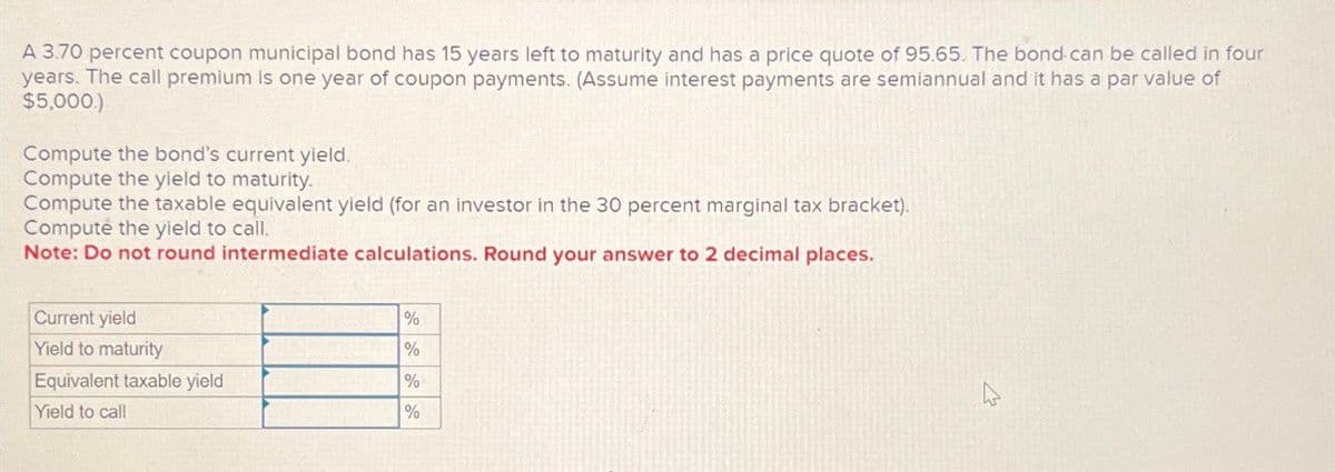 A 3.70 percent coupon municipal bond has 15 years left to maturity and has a price quote of 95.65. The bond can be called in four
years. The call premium is one year of coupon payments. (Assume interest payments are semiannual and it has a par value of
$5,000.)
Compute the bond's current yield.
Compute the yield to maturity.
Compute the taxable equivalent yield (for an investor in the 30 percent marginal tax bracket).
Computé the yield to call.
Note: Do not round intermediate calculations. Round your answer to 2 decimal places.
Current yield
%
Yield to maturity
%
Equivalent taxable yield
%
Yield to call
%