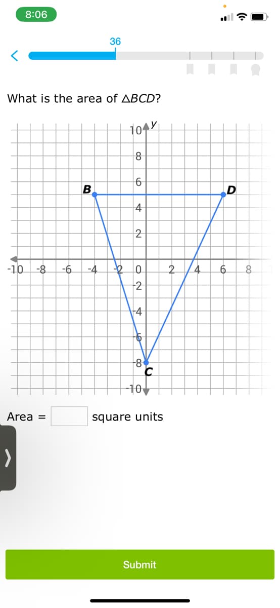 8:06
-10
What is the area of ABCD?
00
Area =
36
B
-6 -4 D
10 Y
8
6
4
2
02
-4
-6
-8
-10
с
square units
Submit
2
4
D
6 8
