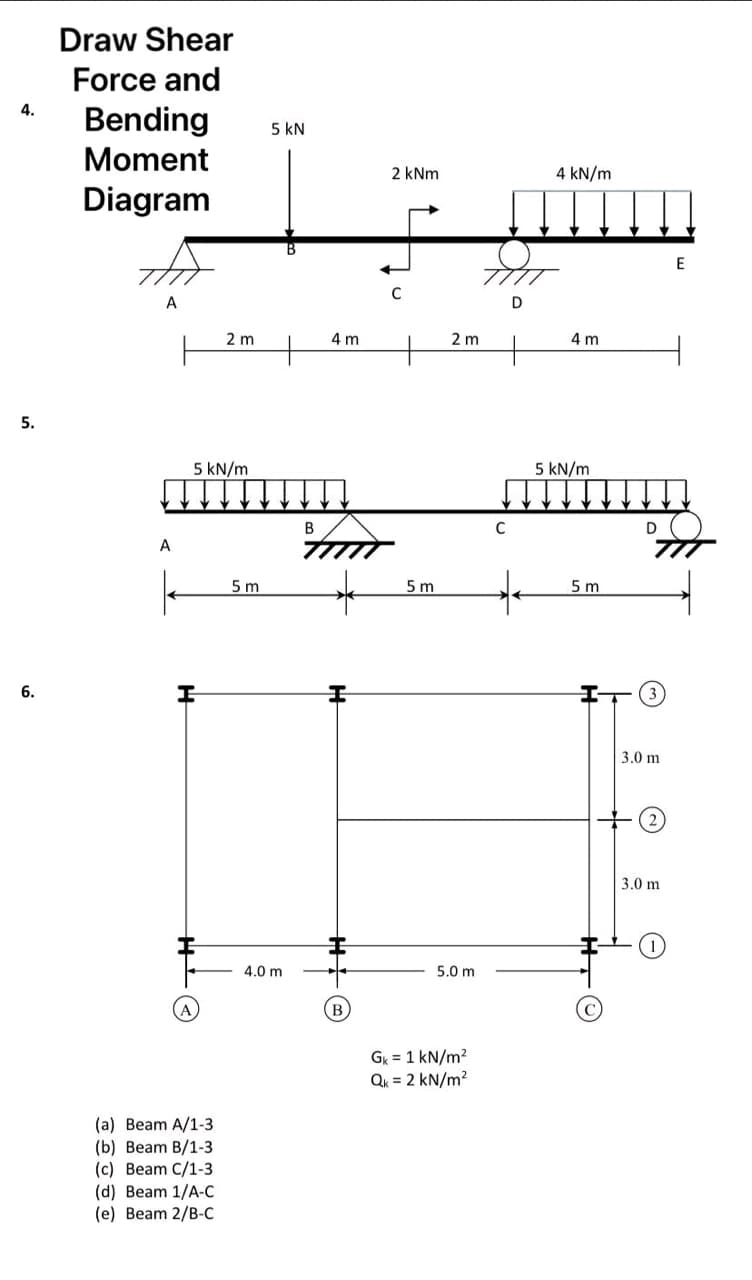 4.
5.
6.
Draw Shear
Force and
Bending
Moment
Diagram
5 kN
A
2 kNm
4 kN/m
2 m
4 m
2 m
5 kN/m
A
5 m
I
B
5 m
4.0 m
5.0 m
B
Gk = 1 kN/m²
Qk = 2 kN/m²
(a) Beam A/1-3
(b) Beam B/1-3
(c) Beam C/1-3
(d) Beam 1/A-C
(e) Beam 2/B-C
C
D
4 m
5 kN/m
5 m
D
3.0 m
3.0 m
E