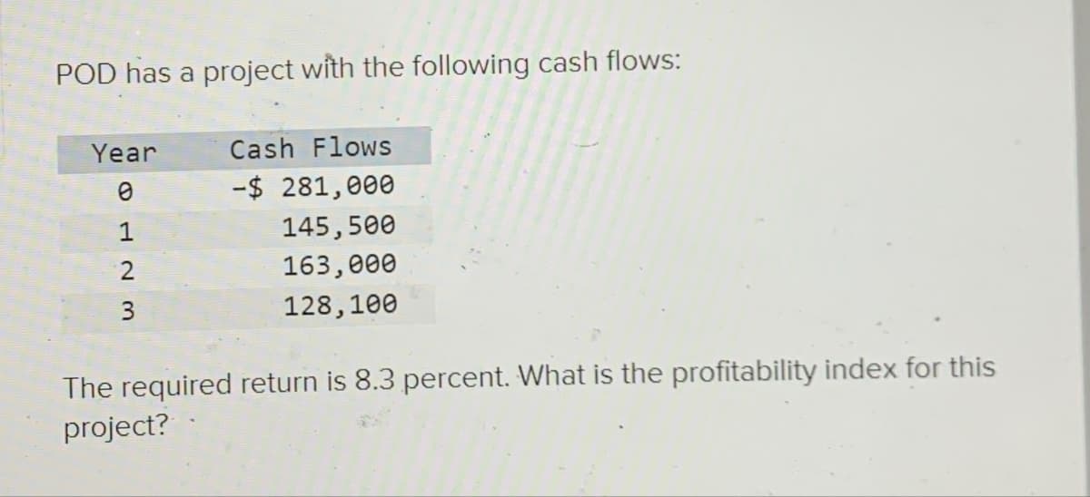 POD has a project with the following cash flows:
Year
Cash Flows
0
-$ 281,000
145,500
123
163,000
128,100
The required return is 8.3 percent. What is the profitability index for this
project?