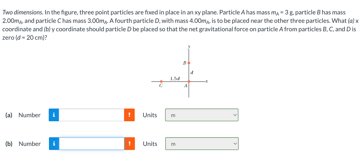 Two dimensions. In the figure, three point particles are fixed in place in an xy plane. Particle A has mass mÃ = 3 g, particle B has mass
2.00mA, and particle C has mass 3.00mA. A fourth particle D, with mass 4.00m, is to be placed near the other three particles. What (a) x
coordinate and (b) y coordinate should particle D be placed so that the net gravitational force on particle A from particles B, C, and D is
zero (d = 20 cm)?
(a) Number
(b) Number
Units
Units
с
1.5d
m
m
B
d
-X