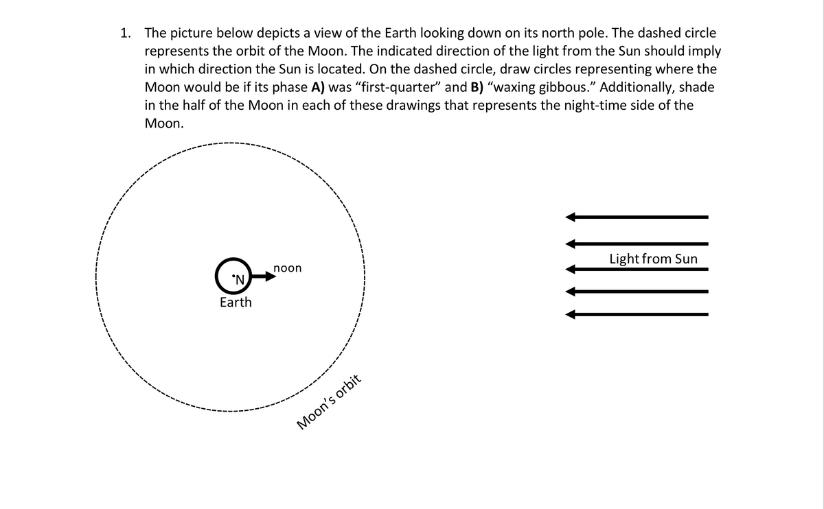 --
1. The picture below depicts a view of the Earth looking down on its north pole. The dashed circle
represents the orbit of the Moon. The indicated direction of the light from the Sun should imply
in which direction the Sun is located. On the dashed circle, draw circles representing where the
Moon would be if its phase A) was “first-quarter” and B) "waxing gibbous.” Additionally, shade
in the half of the Moon in each of these drawings that represents the night-time side of the
Moon.
'N
Earth
noon
--
Moon's orbit
Light from Sun