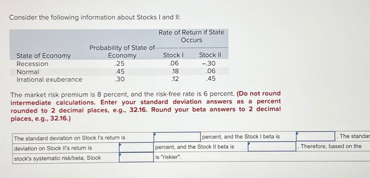 Consider the following information about Stocks I and II:
Rate of Return if State
Occurs
Probability of State of
State of Economy
Recession
Economy
Stock I
Stock Il
.25
.06
-.30
Normal
.45
.18
.06
Irrational exuberance
.30
.12
.45
The market risk premium is 8 percent, and the risk-free rate is 6 percent. (Do not round
intermediate calculations. Enter your standard deviation answers as a percent
rounded to 2 decimal places, e.g., 32.16. Round your beta answers to 2 decimal
places, e.g., 32.16.)
The standard deviation on Stock I's return is
deviation on Stock II's return is
stock's systematic risk/beta, Stock
percent, and the Stock I beta is
percent, and the Stock II beta is
. The standar
Therefore, based on the
is "riskier".
