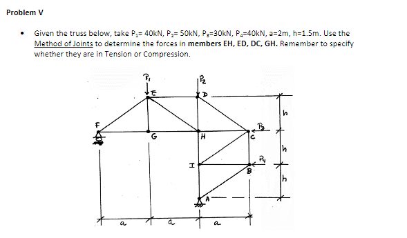 Problem V
Given the truss below, take P₁= 40KN, P₂= 50KN, P₁-30KN, P₂=40KN, a=2m, h=1.5m. Use the
Method of Joints to determine the forces in members EH, ED, DC, GH. Remember to specify
whether they are in Tension or Compression.
F
a
21
R
H
ANA
H
a
#
h