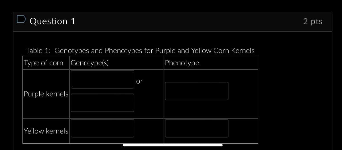 Question 1
Table 1: Genotypes and Phenotypes for Purple and Yellow Corn Kernels
Type of corn Genotype(s)
Phenotype
Purple kernels
Yellow kernels
or
2 pts
