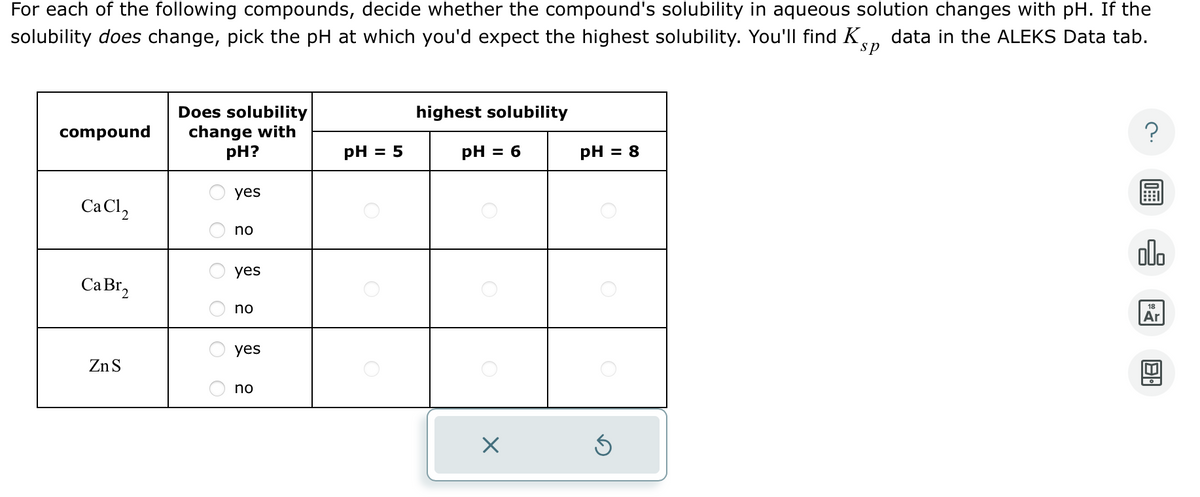 For each of the following compounds, decide whether the compound's solubility in aqueous solution changes with pH. If the
solubility does change, pick the pH at which you'd expect the highest solubility. You'll find Ks, data in the ALEKS Data tab.
sp
compound
Does solubility
change with
highest solubility
pH?
pH = 5
pH = 6
pH = 8
yes
no
yes
12 12
yes
CaBr,
no
O O
ZnS
?
00.
18
Ar