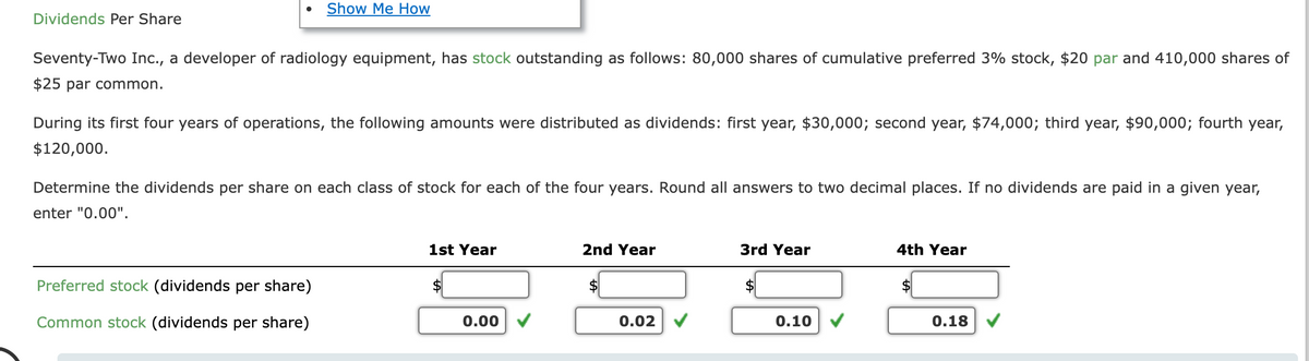 Dividends Per Share
Show Me How
Seventy-Two Inc., a developer of radiology equipment, has stock outstanding as follows: 80,000 shares of cumulative preferred 3% stock, $20 par and 410,000 shares of
$25 par common.
During its first four years of operations, the following amounts were distributed as dividends: first year, $30,000; second year, $74,000; third year, $90,000; fourth year,
$120,000.
Determine the dividends per share on each class of stock for each of the four years. Round all answers to two decimal places. If no dividends are paid in a given year,
enter "0.00".
Preferred stock (dividends per share)
Common stock (dividends per share)
1st Year
0.00
2nd Year
0.02
3rd Year
0.10
4th Year
0.18