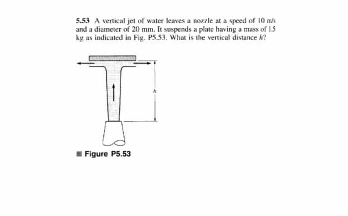 5.53 A vertical jet of water leaves a nozzle at a speed of 10 m/s
and a diameter of 20 mm. It suspends a plate having a mass of 1.5
kg as indicated in Fig. P5.53. What is the vertical distance h?
Figure P5.53