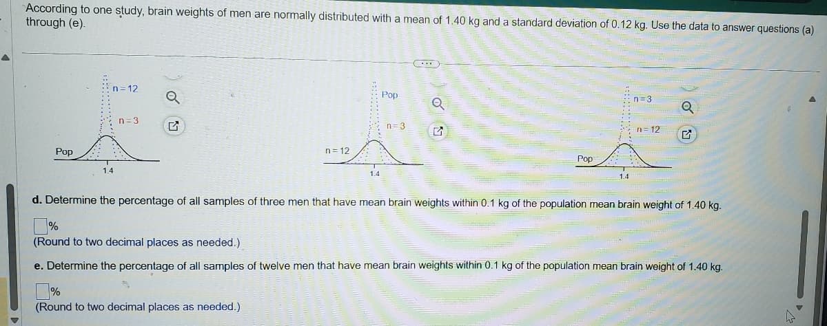 According to one study, brain weights of men are normally distributed with a mean of 1.40 kg and a standard deviation of 0.12 kg. Use the data to answer questions (a)
through (e).
Pop
1.4
n=12
Q
n=3
♫
Pop
n=3
[
n=12
1.4
Pop
1.4 H
n=3
n=12
G
d. Determine the percentage of all samples of three men that have mean brain weights within 0.1 kg of the population mean brain weight of 1.40 kg.
%
(Round to two decimal places as needed.)
e. Determine the percentage of all samples of twelve men that have mean brain weights within 0.1 kg of the population mean brain weight of 1.40 kg.
%
(Round to two decimal places as needed.)