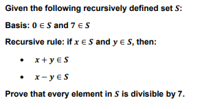 Given the following recursively defined set S:
Basis: 0 € S and 7 E S
Recursive rule: if x = S and y = S, then:
• x+y=S
• x-yes
Prove that every element in S is divisible by 7.