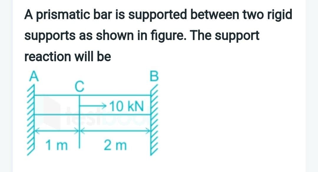A prismatic bar is supported between two rigid
supports as shown in figure. The support
reaction will be
A
B
C
10 kN
1 m
2 m