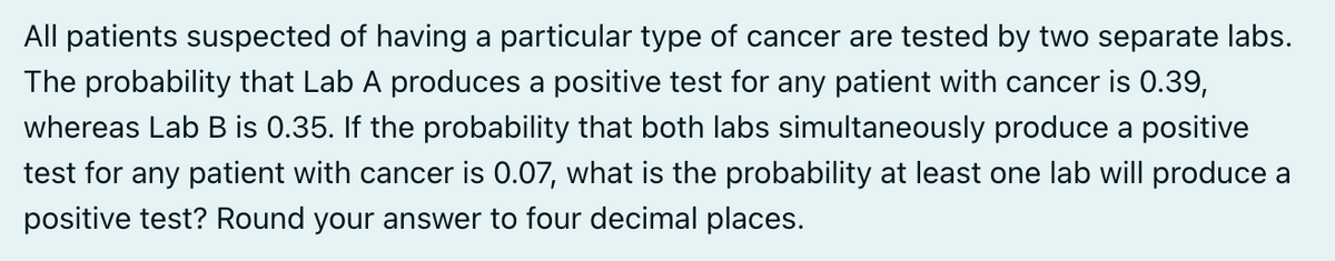 All patients suspected of having a particular type of cancer are tested by two separate labs.
The probability that Lab A produces a positive test for any patient with cancer is 0.39,
whereas Lab B is 0.35. If the probability that both labs simultaneously produce a positive
test for any patient with cancer is 0.07, what is the probability at least one lab will produce a
positive test? Round your answer to four decimal places.