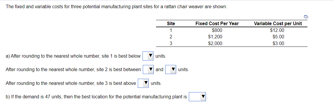 The fixed and variable costs for three potential manufacturing plant sites for a rattan chair weaver are shown:
Site
Fixed Cost Per Year
Variable Cost per Unit
1
$800
$12.00
2
$1,200
$5.00
3
$2,000
$3.00
a) After rounding to the nearest whole number, site 1 is best below
units.
After rounding to the nearest whole number, site 2 is best between
and
units.
After rounding to the nearest whole number, site 3 is best above
units.
b) If the demand is 47 units, then the best location for the potential manufacturing plant is