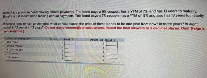 Bond X is a premium bond making annual payments. The bond pays a 9% coupon, has a YTM of 7%, and has 13 years to maturity.
Bond Y is a discount bond making annual payments. This bond pays a 7% coupon, has a YTM of 9% and also has 13 years to maturity.
If interest rates remain unchanged, what do you expect the price of these bonds to be one year from now? In three years? In eight
years? In 12 years? In 13 years? (Do not round intermediate calculations. Round the final answers to 2 decimal places. Omit $ sign in
your response.)
Time to maturity
One year
Three years
Eight years
12 years
13 years
Price of Bond X
$
Price of Bond Y
$
$
$
$