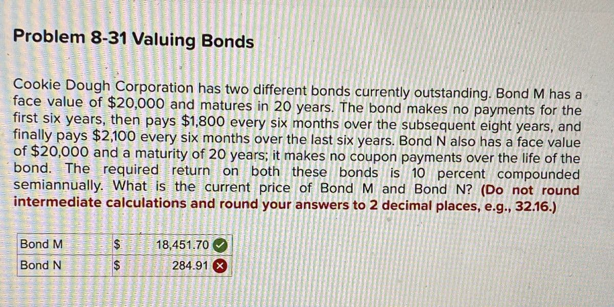 Problem 8-31 Valuing Bonds
Cookie Dough Corporation has two different bonds currently outstanding. Bond M has a
face value of $20,000 and matures in 20 years. The bond makes no payments for the
first six years, then pays $1,800 every six months over the subsequent eight years, and
finally pays $2,100 every six months over the last six years. Bond N also has a face value
of $20,000 and a maturity of 20 years; it makes no coupon payments over the life of the
bond. The required return on both these bonds is 10 percent compounded
semiannually. What is the current price of Bond M and Bond N? (Do not round
intermediate calculations and round your answers to 2 decimal places, e.g., 32.16.)
Bond M
Bond N
$
69
$
18,451.70
284.91 x